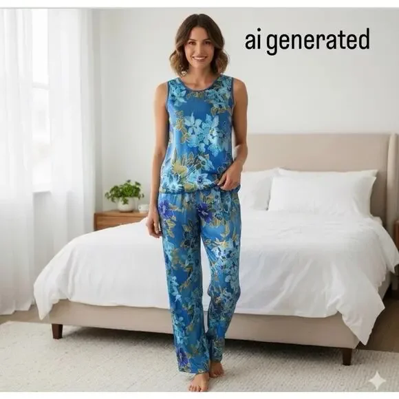 Vintage California Dynasty Blue Floral Satin Pajama Lounge Set Top Pants Medium - Picture 1 of 16